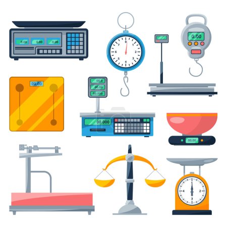 Illustration for Electronic, balance and other types of scales. Vector illustrations isolate. Sport and kitchen scales in cartoon style - Royalty Free Image