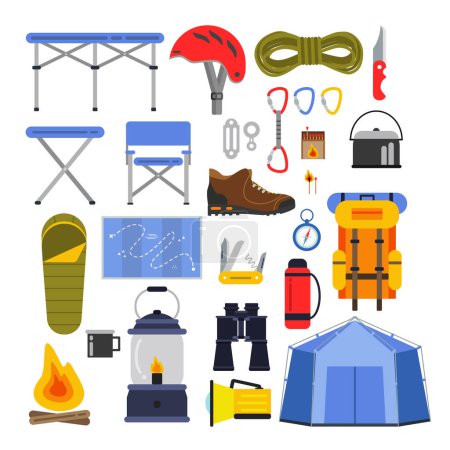 Illustration for Equipment for hiking and climbing. Camping or travel vector illustrations set. Equipment for travel and adventure outdoor, tent and backpack, flashlight and binoculars - Royalty Free Image
