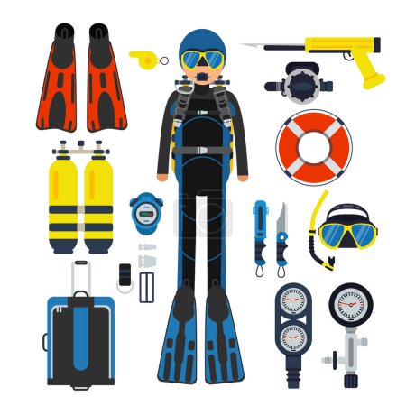 Ilustración de Equipamiento para deportes submarinos. Gas, traje de buceo y aletas. Equipo submarino máscara y snorkel, buceo y equipo de natación. Ilustración vectorial - Imagen libre de derechos