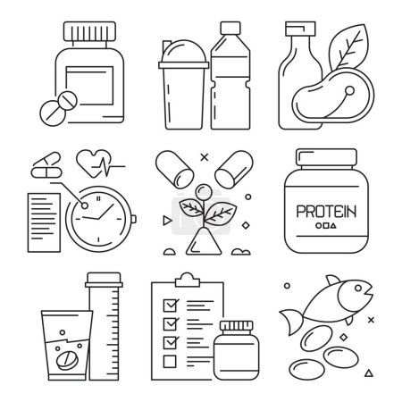 Illustration for Fitness dietary icons. Sport activities food supplement health vitamins gym exercise well training vector line symbols. Illustration of fitness diet food, training bodybuilding dietary - Royalty Free Image