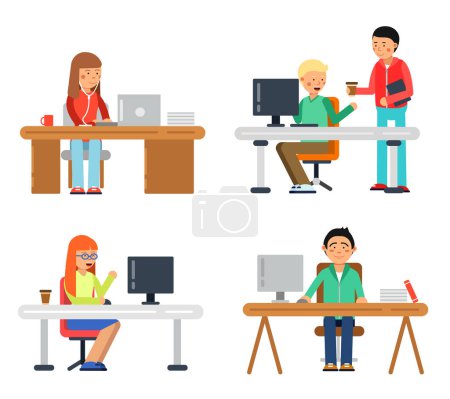 Illustration for Freelancers male and female at computer workspace. Illustrations of coworkers in flat style. Vector freelancer in office coworking - Royalty Free Image
