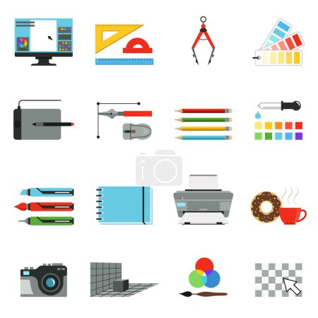 Illustration for Graphic and computer design. Different tools for artists and graphic designers. Vector icons set in cartoon style. Drawing digital pen, tablet and brush equipment instrument illustration - Royalty Free Image