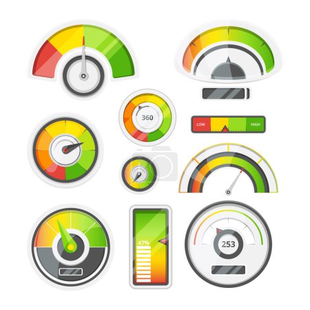 Illustration for Icon set of level meters, tachometer and battery level. Vector pictures set. Illustration of measurement level and power indicator - Royalty Free Image