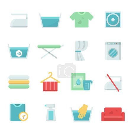 Téléchargez les illustrations : Les symboles de blanchisserie. Ensemble d'icônes vectorielles pour la lessive et le lavage. Illustration de lavage et séchage des vêtements, lavage à la température - en licence libre de droit