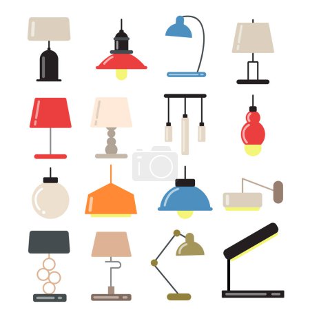 Illustration for Chandeliers, modern lamps on desk and floor in light interior. Vector illustrations in flat style. Interior lamp chandelier and room lampshade - Royalty Free Image