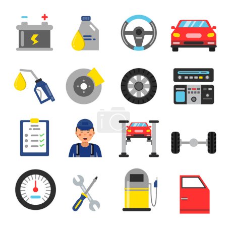 Illustration for Car service icons set. Different parts of automobile. Vector illustrations in flat style. Steering wheel and brakes, auto instrument and support - Royalty Free Image