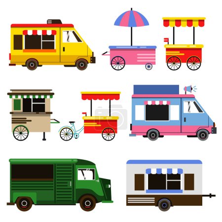 Ilustración de Conjunto de food trucks y bicicletas para uso comercial. Conjunto de ilustración vectorial. Camión transporte entrega comida - Imagen libre de derechos