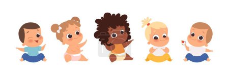 Ilustración de Grupo de bebés, bebés multiétnicos sentados. Dibujos animados aislados lindo conjunto de vectores de niños pequeños. Niño niña y niño inflexible, niños dibujos animados feliz - Imagen libre de derechos