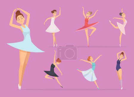 Téléchargez les illustrations : Ballet. danseurs fille ballerine femme heureux belle fille en action pose des illustrations vectorielles. Ballet danseur ou ballerine action danse - en licence libre de droit