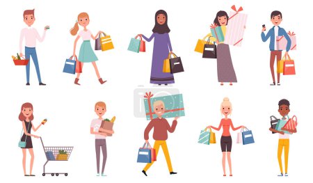 Illustration for Buyers. Retail supermarket buyers with shopping bags shopaholic persons nowaday vector characters. Buyer with bag in retail, shopper illustration - Royalty Free Image