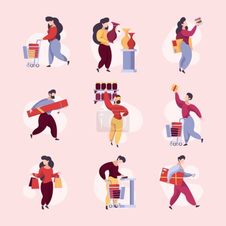 Illustration for Buyers in shop. Supermarket characters with basket and products shelves garish vector buyers. Supermarket basket, character customer, in retail shop illustration - Royalty Free Image