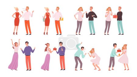 Illustration for Couples swear. Family quarrels and reconciliation, conflicts and romantic time. Adults give presents vector characters. Illustration disagreement and unhappy, present gift - Royalty Free Image