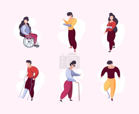 Illustration for Disabled people. Damaged body parts human wheelchair garish medical concept characters. Illustration disabled person with leg prosthesis - Royalty Free Image