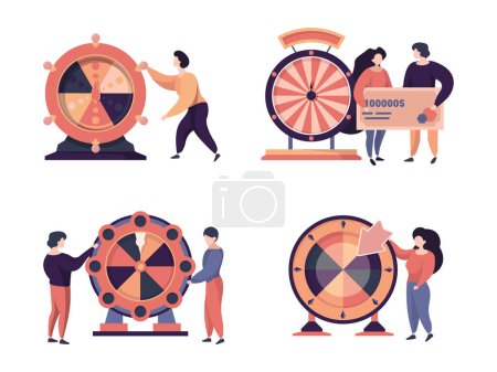 Illustration for Fortune wheels characters. Happy people playing in gambling games bingo lottery garish vector stylized concept illustrations. Illustration win and play with fortune - Royalty Free Image