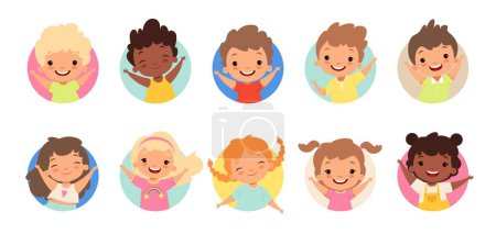 Illustration for Happy kids avatars. Cute children smiling, boy girl in rounds vector set. Illustration girl and boy avatar, happy kids, child happiness - Royalty Free Image