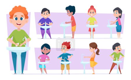Illustration for Kids hygiene. Happy little children washing hands cleaning body in water exact vector characters set. Children antibacterial washing and cleaning illustration - Royalty Free Image