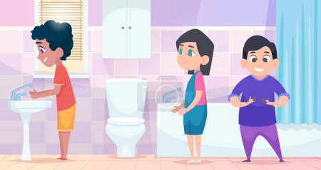 Illustration for Kindergarten hygiene. Kids standing in waiting line and cleaning hands washing with soap exact vector cartoon background. Illustration child cleaning hand, boy and girl - Royalty Free Image