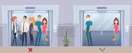 Illustration for New elevator use rules. Virus flu prevention, people crowd and single in face mask vector concept. Illustration elevator people distance, social protection - Royalty Free Image