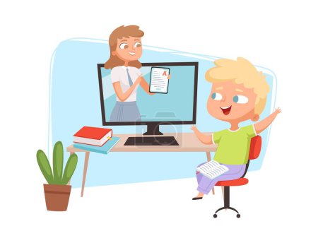 Illustration for Online education concept. Boy and teacher on screen, happy student distance learning vector illustration. Education teaching online, student and teacher e-learning - Royalty Free Image