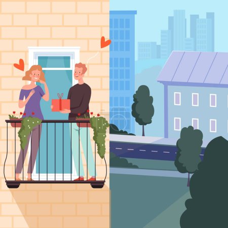 Illustration for Romantic couple on balcony. Man hold gift, happy girl in love. Funny cartoon vector illustration. Illustration romantic couple on balcony - Royalty Free Image