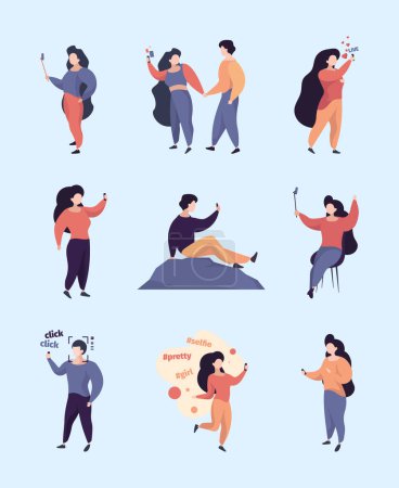Illustration for Selfie people. Characters make photo on smartphone persons holding telephone garish vector illustrations. Selfie smartphone female, person with phone - Royalty Free Image