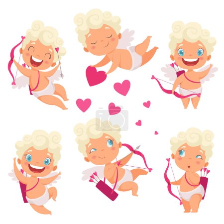 Illustration for Amur baby angel. Cute funny cupid little god eros greece kids with bow heart hunters romantic vector pictures. Valentine angel with heart, cupid love amur illustration - Royalty Free Image