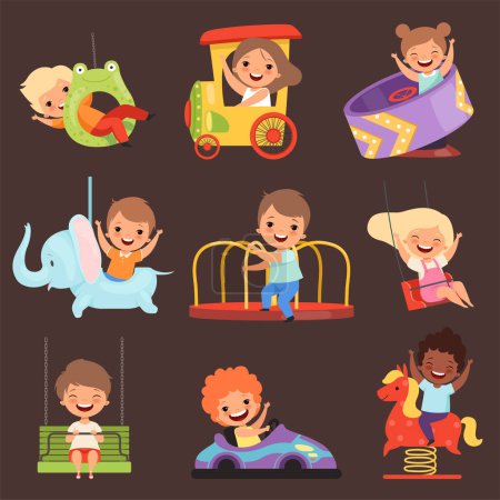 Illustration for Amusement park kids. Playing happy and funny childrens boys and girls in attractions ride friends vector cartoon people. Amusement entertainment boy and girl illustration - Royalty Free Image