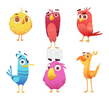 Ilustración de Aves de dibujos animados enojados. Águilas de pollo canario caras de animales y plumas juego de vectores personajes de aves de colores. Ilustración del animal pájaro de color - Imagen libre de derechos