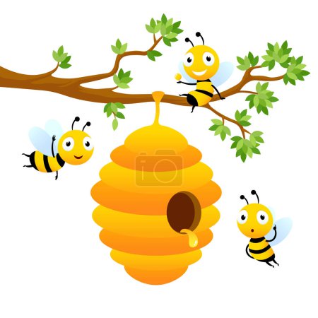 Illustration for Bee characters. Vector mascot design isolated. Illustration of hive bee hanging on branch tree, honey sweet - Royalty Free Image