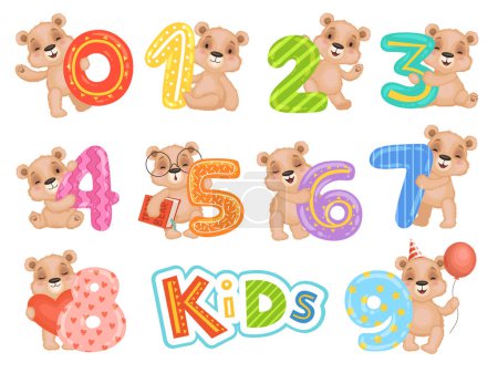 Illustration for Birthday numbers bear. Party fun invitation for kids celebration teddy bear characters vector cartoon mascots. Illustration of bear with birthday numbers for kids - Royalty Free Image
