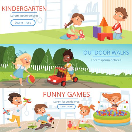 Illustration for Banners set with pictures of preschool kids with various educational toys. Vector preschool child, childhood poster, walk outdoor children, playground kindergarten girl and boy illustration - Royalty Free Image