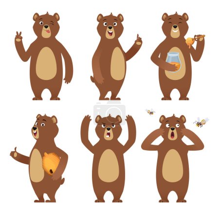 Ilustración de Dibujos animados de oso marrón. Animal salvaje de pie en diferentes poses naturaleza caracteres vector colección. Ilustración de oso pardo feliz, animal de carácter salvaje - Imagen libre de derechos