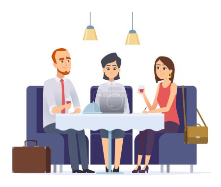 Illustration for Business dinner. Meeting with work partner or client in restaurant executive cafe business lunch vector characters. Illustration of business meeting people lunch - Royalty Free Image