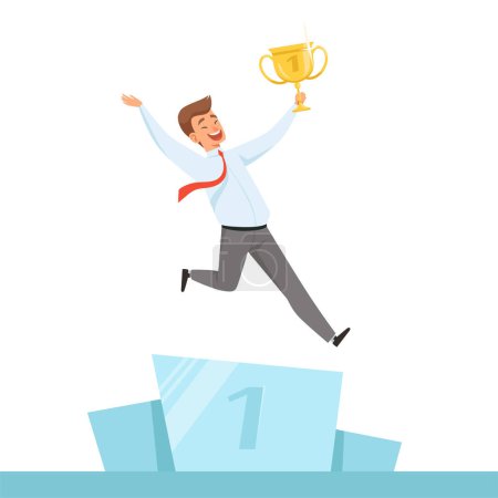 Illustration for Businessman with trophy. Manager happy with golden trophy cup in hands for business winner vector character isolated. Illustration of business man achievement, businessman with cup - Royalty Free Image
