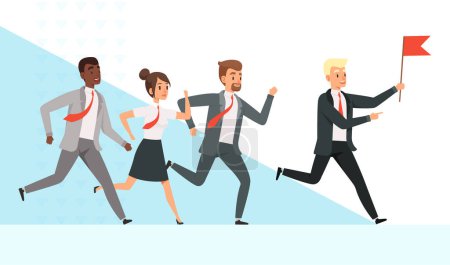 Illustration for Business people running. Workers managers male female goes with their mentor leader director red flag hand leadership vector concept. Leader business with flag, leadership man manager illustration - Royalty Free Image