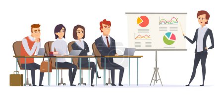 Illustration for Business presentation characters. Group of managers sitting in classroom listening learning couch business seminar vector concept. Illustration of education lecture for people business - Royalty Free Image