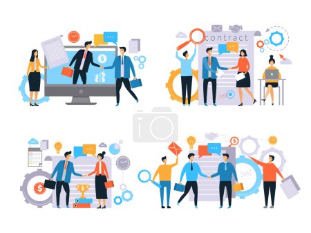 Illustration for Business relationships. Investors handshake finance contract work business transactions managers male female working vector flat. Illustration of agreement and partnership success, handshake deal - Royalty Free Image
