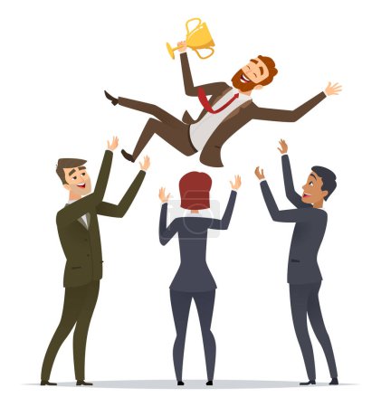 Illustration for Business victory. Happy team congrats his mentor leader director team building happy winner with trophy cup vector characters. Illustration of congratulation businessman - Royalty Free Image