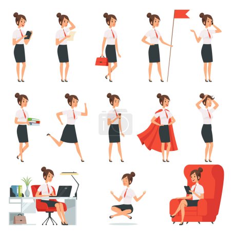 Illustration for Businesswoman characters. Business ladies in various action pose. Lady busyl, character cartoon worker work and relax meditation, vector illustration - Royalty Free Image