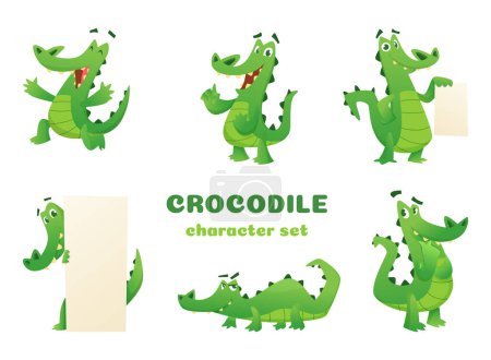 Téléchargez les illustrations : Caractères de crocodile de bande dessinée. Alligator amphibie sauvage reptile vert gros animaux vecteur mascottes dessins dans diverses poses. Alligator animal, reptile illustration verte - en licence libre de droit