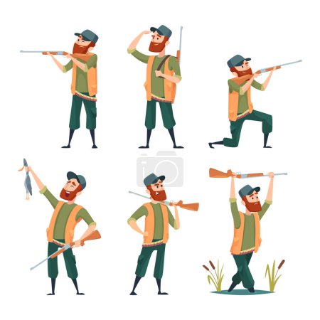 Ilustración de Cazadores de dibujos animados. Varios personajes de cazadores en acción posan. Carácter cazador con rifle de pistola, macho con ilustración de escopeta - Imagen libre de derechos