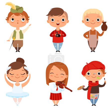 Illustration for Cartoon kids boys and girls of different creative professions. Vector of photographer and potter, ballerina and musician illustration - Royalty Free Image