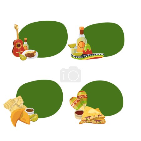 Ilustración de Pegatinas de comida mexicana de dibujos animados vectoriales con lugar para la ilustración del conjunto de texto en blanco - Imagen libre de derechos