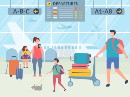 Illustration for Characters in airport terminal. Vector illustrations of happy travellers. People family woman and man with baggage - Royalty Free Image