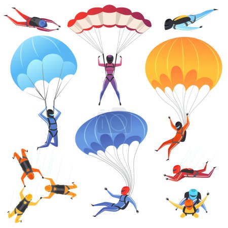 Illustration for Extreme parachute sport. Adrenaline characters jumping paragliding and skydiving fly aerodynamics vector picture isolated. Skydiver jumping, parachuting sport, paragliding illustration - Royalty Free Image