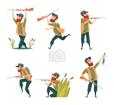Ilustración de Personajes de cazadores. Ilustraciones de dibujos animados vectoriales de varias mascotas cazadoras. Carácter cazador con rifle y pato - Imagen libre de derechos