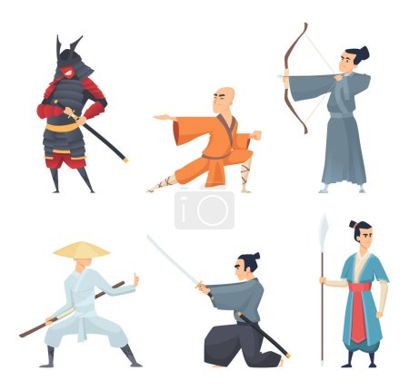 Ilustración de Combatientes de China. Héroes orientales tradicionales emperador guangdong samurai ninja espada vector personajes de dibujos animados en acción plantea. Ninja marcial japonesa, samurai guerrero con ilustración de armas - Imagen libre de derechos