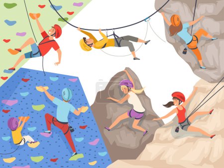 Climb characters. Extreme sport cliff wall rocks and stones big rocky hills and mountains explore vector sportsmen male and female. Illustration of sport climbing, rock mountain climb
