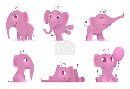 Ilustración de Lindos elefantes bebés. Salvaje africano divertido adorable animales vector personajes en diferentes poses de acción. Ilustración del bebé elefante rosa - Imagen libre de derechos