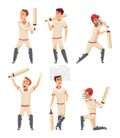 Illustration for Cricket characters. Set of various sport players in action poses. Player sport man, character sportsman cricketer. Vector illustration - Royalty Free Image